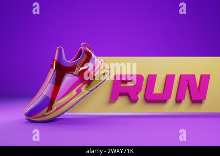 3D-Illustration farbenfroher neuer Sportschuhe auf einer riesigen, bunten Schaumstoffsohle auf einem lila isolierten Hintergrund, Sneakers mit dem Satz Run. Fashiona Stockfoto