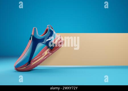 3D-Illustration von farbenfrohen Sneakers mit Schaumstoffsohlen und Verschluss auf blauem Hintergrund. Sneakers, Seitenansicht. Modische Sneakers. Stockfoto