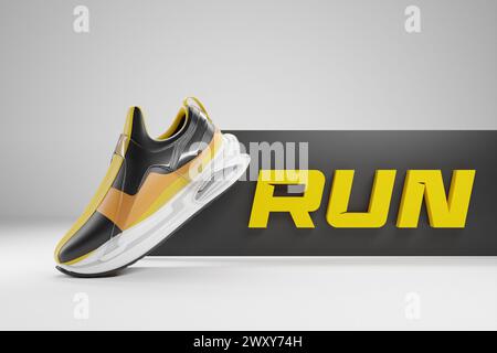 3D-Illustration von neuen Sportschuhen in Schwarz und Gelb auf einer riesigen, bunten Schaumstoffsohle auf weißem, isoliertem Hintergrund, Sneakers mit dem Satz Run. F Stockfoto