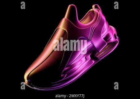 3D-Illustration von farbenfrohen Sneakers mit Schaumstoffsohlen und Verschluss in Neonfarbe auf schwarzem Hintergrund. Sneakers, Seitenansicht. Modische Sneakers. Stockfoto