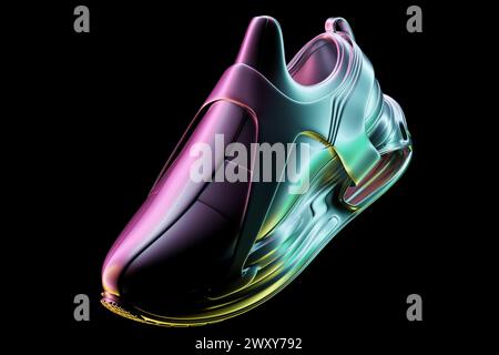 3D-Illustration von farbenfrohen Sneakers mit Schaumstoffsohlen und Verschluss in Neonfarbe auf schwarzem Hintergrund. Sneakers, Seitenansicht. Modische Sneakers. Stockfoto