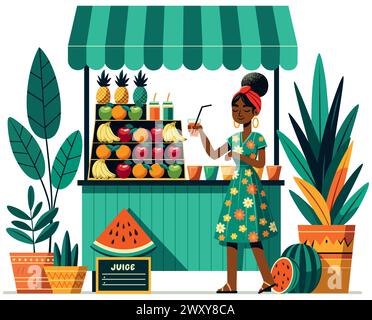 Flache Design-Illustration einer afrikanischen Frau, die Saft an einem lebhaften Straßenstand serviert, isoliert auf weißem Hintergrund. Stock Vektor