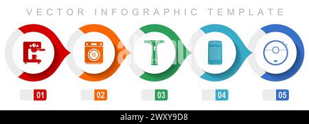 Haushaltsgeräte flache Infografik-Vorlage, verschiedene Symbole wie Kaffeebereiter, Trockner, Fensterreiniger und Staubsauger, Vektorsymbole Co Stock Vektor