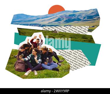 Poster. Zeitgenössische Kunstcollage. Eine Gruppe von Menschen, Freunden, sitzt in einer grünen Glade, umgeben von Bergen, beim Picknick und macht Selfies. Stockfoto