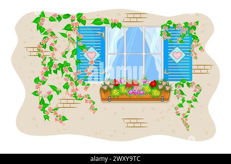 Fenster mit Fensterläden und Blumen. Holzfenster mit Blumen im Topf und Kletterpflanzen. Hauptfenster mit Vorhängen und blühenden Ästen an der Wand. Vektor Stock Vektor