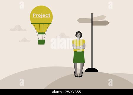 Kreative Composite-Fotocollage des selbstbewussten Mädchens halten Hände gekreuzt Blick auf Fliegen Away Projekt isoliert auf weißem Hintergrund Stockfoto