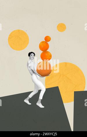 Trend-Artwork Skizze Composite-Fotokollage der schwarz-weißen Silhouette der jungen starken Dame cary in den Händen stapelnde Orangen stehen an der Kante der Klippe Stockfoto