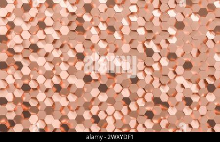Kupferfarbener sechseckiger Hintergrund mit metallischer Textur. 3D-Rendering Stockfoto