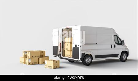 Weißer Van mit offenen Hintertüren. 3D-Rendering Stockfoto