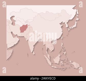 Vektor-Illustration mit asiatischen Gebieten mit Grenzen von staaten und markiertem Land Afghanistan. Politische Karte in braunen Farben mit Regionen. Beige Backgrou Stock Vektor