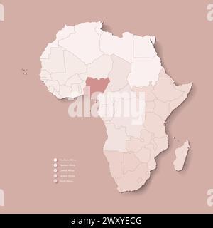 Vektor-Illustration mit afrikanischem Kontinent mit Grenzen aller staaten und markiertem Land Nigeria. Politische Karte in braunen Farben mit West-, Süd- und Stock Vektor