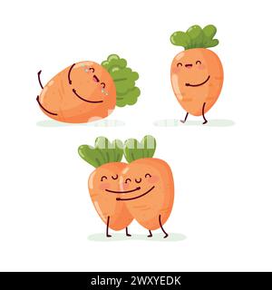 Eine lustige Karotte, die lacht, läuft und umarmt. Isolierte Vektordarstellung Stock Vektor