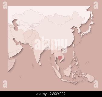 Vektor-Illustration mit asiatischen Gebieten mit Grenzen von staaten und markiertem Land Kambodscha. Politische Karte in braunen Farben mit Regionen. Beigefarbener Hintergrund Stock Vektor