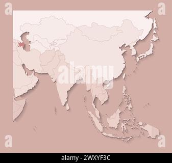 Vektor-Illustration mit asiatischen Gebieten mit Grenzen von staaten und markiertem Land Aserbaidschan. Politische Karte in braunen Farben mit Regionen. Beige Hintergründe Stock Vektor