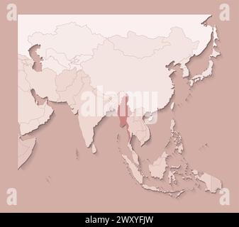 Vektor-Illustration mit asiatischen Gebieten mit Grenzen von staaten und markiertem Land Myanmar. Politische Karte in braunen Farben mit Regionen. Beigefarbener Hintergrund Stock Vektor