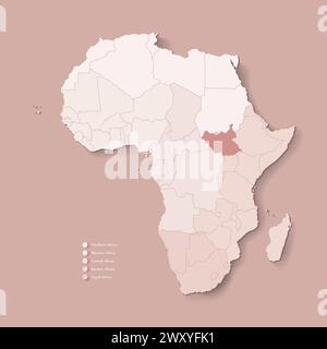 Vektor-Illustration mit afrikanischem Kontinent mit Grenzen aller staaten und markiertem Land Südsudan. Politische Karte in braunen Farben mit westlicher, südlicher Farbe Stock Vektor