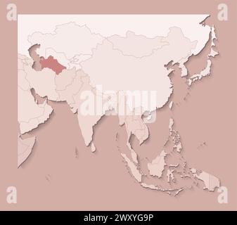Vektor-Illustration mit asiatischen Gebieten mit Grenzen von staaten und markiertem Land Turkmenistan. Politische Karte in braunen Farben mit Regionen. Beige Backgro Stock Vektor