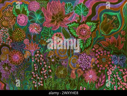 Psychedelischer Garten mit Schmetterlingen und Blumen. Die Dabbing-Technik in der Nähe der Kanten sorgt aufgrund der veränderten Oberflächenrauhigkeit o für einen weichen Fokus Stockfoto