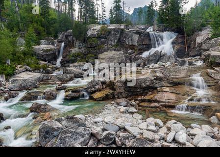 Vodopady Studeneho potoka-Wasserfälle in der Nähe von Hrebienok im Tatra-Gebirge in der Slowakei Stockfoto