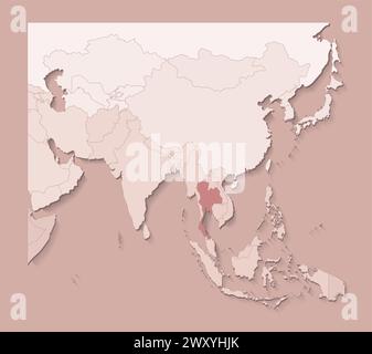 Vektor-Illustration mit asiatischen Gebieten mit Grenzen von staaten und markiertem Land Thailand. Politische Karte in braunen Farben mit Regionen. Beigefarbener Hintergrund Stock Vektor