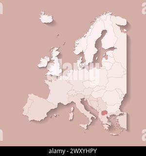 Vektor-Illustration mit europäischem Land mit Grenzen von staaten und markiertem Land Nordmazedonien. Politische Karte in braunen Farben mit West-, Süd- und Stock Vektor