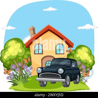 Farbenfroher Vektor eines Hauses, Autos und üppigen Gartens. Stock Vektor