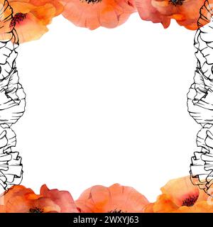 Handgezeichnete Aquarelle botanische Illustration Blumen Blätter. Roter Mohn Papaver, Stiele Knospen Samenkörner. Rahmen isoliert auf weißem Hintergrund. Design Stockfoto