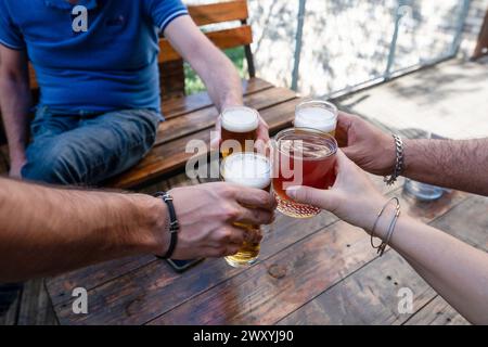 Aperitif, Getränke, Alkohol trinken mit Freunden. Vier Freunde, die die Brille anschlagen Stockfoto