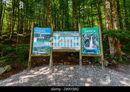 Schilder an den Slap Savica (Savica Falls) am Boninj-See, einer beliebten Touristenattraktion im Nordwesten Sloweniens, Mittel- und Osteuropa Stockfoto