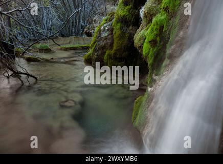 Lange Sicht auf einen ruhigen Wasserfall, der über moosbedeckte Felsen in einer üppigen Waldlandschaft stürzt und Ruhe und natürliche Schönheit vermittelt. Stockfoto