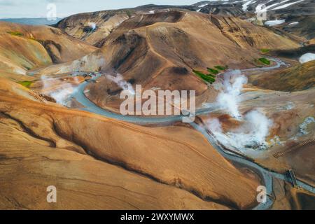 Blick aus der Vogelperspektive auf die dampfende geothermische Landschaft von Hverir in Island, mit farbenfrohen mineralreichen Hügeln und gewundenen Fluss. Stockfoto