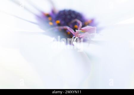 Ein sanft fokussiertes Bild, das eine Krabbenspinne in die traumhaften Töne einer Osteospermum-Blüte einfängt Stockfoto