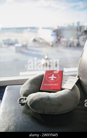 Ein roter Reisepass und eine Bordkarte liegen auf einem Reisekissen, mit einer Flughafenszene im Hintergrund Stockfoto