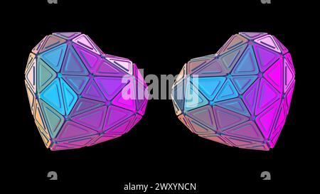 Zwei holografische Herzen mit geometrischen Mustern auf schwarzem Hintergrund, die leuchtende Neonfarben reflektieren Stockfoto
