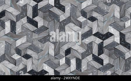 3D-Tapetenmosaik aus massiven, luxuriösen schwarzen, weißen und grauen Marmorpartikeln hochwertige, nahtlose, realistische Textur Stockfoto