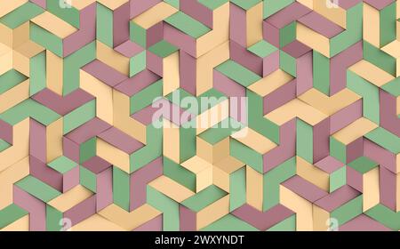 3D-Tapete Origami-Mosaik aus farbigen Partikeln grün, gelb und braun Farbtöne hochwertige nahtlose realistische Textur Stockfoto