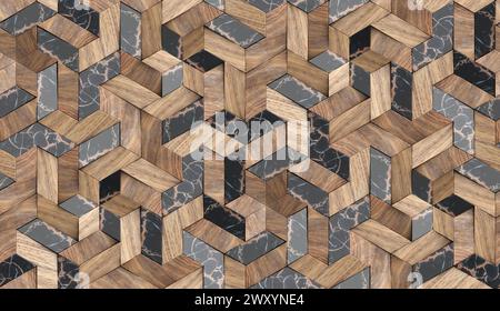 3D-Tapetenmosaik aus massiven Holzpartikeln und luxuriösem schwarzem Marmor hochwertige, nahtlose, realistische Textur Stockfoto