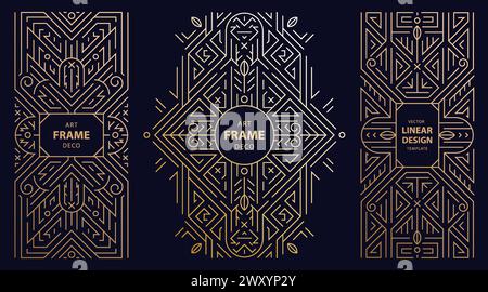 Vektor-Set aus geometrischen Art-Deco-Rahmen, Linien-Gold-Borten, Vintage-Luxus-gatsby-Stil-Ornamenten. Elegantes Retro-Paket, Hochzeitseinladung, Monogramm Stock Vektor