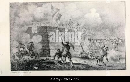 Aus der Armee und Marine Amerikas von Jacob K Neff 1852 fand die Schlacht von Churubusco am 20. August 1847 statt, während Santa Annas Armee sich aus der Schlacht von Contreras oder der Schlacht von Padierna während des Mexikanisch-Amerikanischen Krieges zurückzog. Es war die Schlacht, in der das Bataillon von San Patricio, das größtenteils aus US-Deserteuren bestand, seinen letzten Widerstand gegen die US-Streitkräfte leistete. Die US-Armee war siegreich und hatte mehr als sechs zu eins der verteidigenden mexikanischen Truppen. Nach der Schlacht war die US-Armee nur 8 km von Mexiko-Stadt entfernt. 50 wurden Mitglieder des St. Patrick's Bataillons offiziell hingerichtet Stockfoto