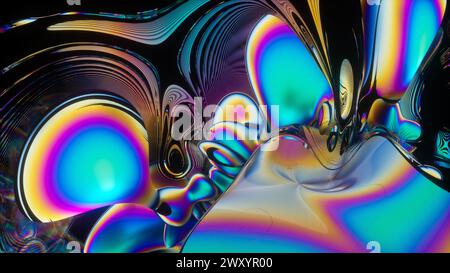 Ein Bild von farbenfrohen, abstrakten, flüssigkeitsähnlichen Mustern, die an ein psychedelisches Erlebnis erinnern, mit einem lebhaften Spektrum von Regenbogenfarben Stockfoto