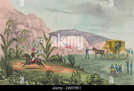 Die Flucht von Santa Anna in der Schlacht von Cerro Gordo, oder Schlacht von Sierra Gordo, war ein Gefecht im Mexikanisch-Amerikanischen Krieg am 18. April 1847. Die Schlacht führte dazu, dass Winfield Scotts US-Truppen Antonio López de Santa Annas größere mexikanische Armee überflügelten und sie aus einer starken Verteidigungsposition verdrängten. Stockfoto