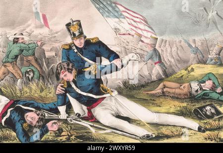 Der Tod von Colonel Pierce M. Butler vom South Carolina (Palmetto) Regiment in der Schlacht von Churubusco fand am 20. August 1847 statt, während Santa Annas Armee sich aus der Schlacht von Contreras oder der Schlacht von Padierna während des Mexikanisch-Amerikanischen Krieges zurückzog. Es war die Schlacht, in der das Bataillon von San Patricio, das größtenteils aus US-Deserteuren bestand, seinen letzten Widerstand gegen die US-Streitkräfte leistete. Die US-Armee war siegreich und hatte mehr als sechs zu eins der verteidigenden mexikanischen Truppen. Nach der Schlacht war die US-Armee nur 8 km von Mexiko-Stadt entfernt. 50 Mitglieder des St. Patrick's Bataillons waren o Stockfoto