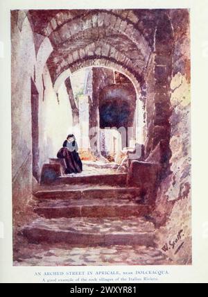 An Arched Street in Apricale, Italien 1910 von Gordon Cochrane Home (25. Juli 1878 – 13. Dezember 1969) war ein englischer Landschaftskünstler, Schriftsteller und Illustrator. Apricale ist eine Gemeinde in der Provinz Imperia in der italienischen Region Ligurien Stockfoto