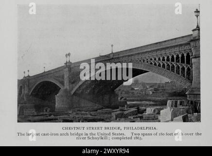 Chestnut Street Bridge, Philadelphia, Pennsylvania, USA die größte gusseiserne Bogenbrücke der Vereinigten Staaten. Zwei Überspannungen von je 18 Metern über dem Fluss Schuylkill; fertiggestellt 1863. Aus dem Artikel EUROPÄISCHER UND AMERIKANISCHER BRÜCKENBAU. Von Gustav Lindenthal. Vom Engineering Magazine widmet sich Industrial Progress Band XV 1898 The Engineering Magazine Co Stockfoto