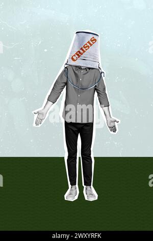 Skizzenbild Composite Trend Artwork 3D Foto Collage von Silhouette junger unsicherer Mann halten metalleimer auf Kopf Bankrott Krise Stockfoto