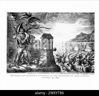 Bonaparte und Talleyrand sind unerschrocken über die Zerstörung ihrer Kanonenboote. 20. November 1803 Napoleon und die Invasion Englands : die Geschichte des großen Terrors Charles-Maurice de Talleyrand-Périgord (/ˌtælɪrænd ˈpɛrɪɡɔːr/,[1] Französisch: [ʃaʁl mɔʁis də Tal(ɛ)ʁɑ̃ peʁiɡɔʁ, – moʁ-]; 2. Februar 1754 – 17. Mai 1838), 1. Prinz von Benevento, damals Prinz von Talleyrand, war ein französischer Geistlicher, Staatsmann und führender Diplomat. Stockfoto