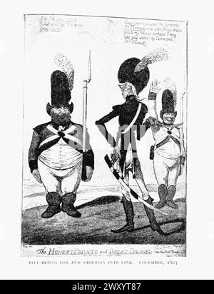 Pitt bringt Fox und Sheridan auf die Linie. November 1803 Napoleon und die Invasion Englands: William Pitt der Jüngere (28. Mai 1759 – 23. Januar 1806) war ein britischer Staatsmann, der jüngste und letzte Premierminister Großbritanniens von 1783 bis zum Act of Union 1800 und dann erster Premierminister Großbritanniens von Januar 1801. Stockfoto