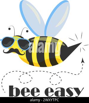Flache Illustration Biene männlicher Charakter mit Schnurrbart, Pilot Sonnenbrille und Typografie Bee Easy isoliert auf transparentem Hintergrund Stock Vektor