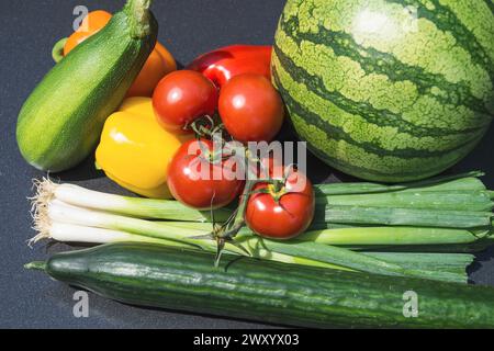 Gemüse aus dem Garten: Paprika, Porree, Tomaten, Zucchinis, Gurke, Melone Stockfoto