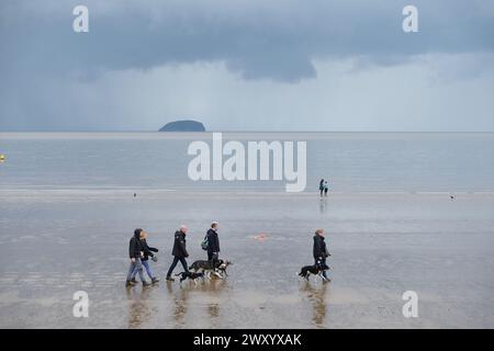 Zwei Leute gehen mit ihrem Hund an einem kalten, nassen, windigen, regnerischen Strand. Stockfoto
